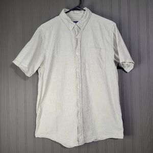 Patagonia Button Down Short Sleeve Polo Shirt Cream Yellow Stripe Men's Medium